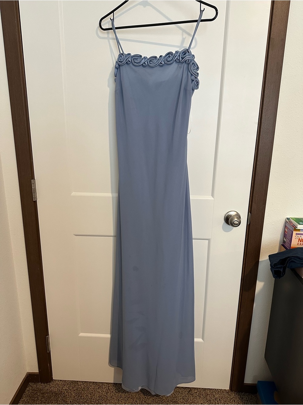 Vintage Michaelangelo Dusty Blue Rosette Trim Spaghetti Strap Dress